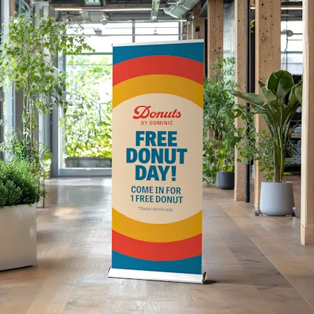 Roll-up standee banner in office space